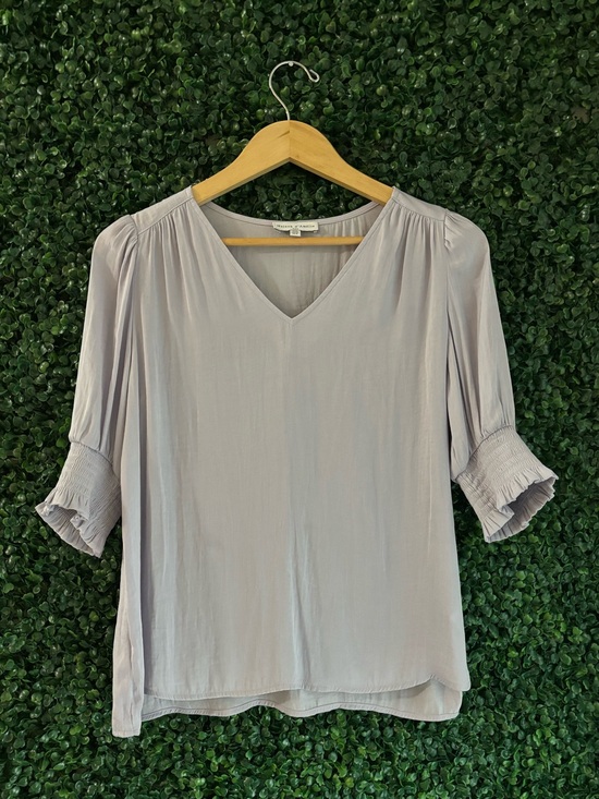 Madison d’Amelie Tops - V-Neck Light Lavender Blouse with Smocked Ruffle Sleeves